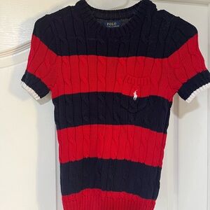 Polo by Ralph Lauren Navy & Red Striped Cable-Knit Short Sleeve Sweater